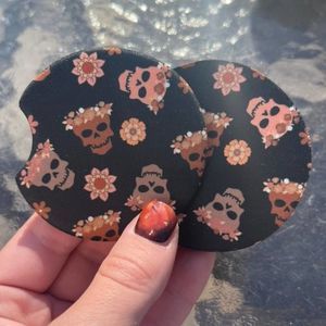 Retro Floral Skulls Car Coaster Set | Skull Coaster Set | Goth Car Accessories